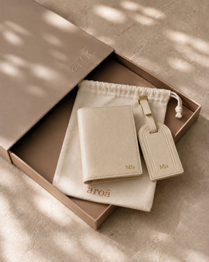 Ivory personalised passport cover and luggage tag in aroa gift box with cream pouch