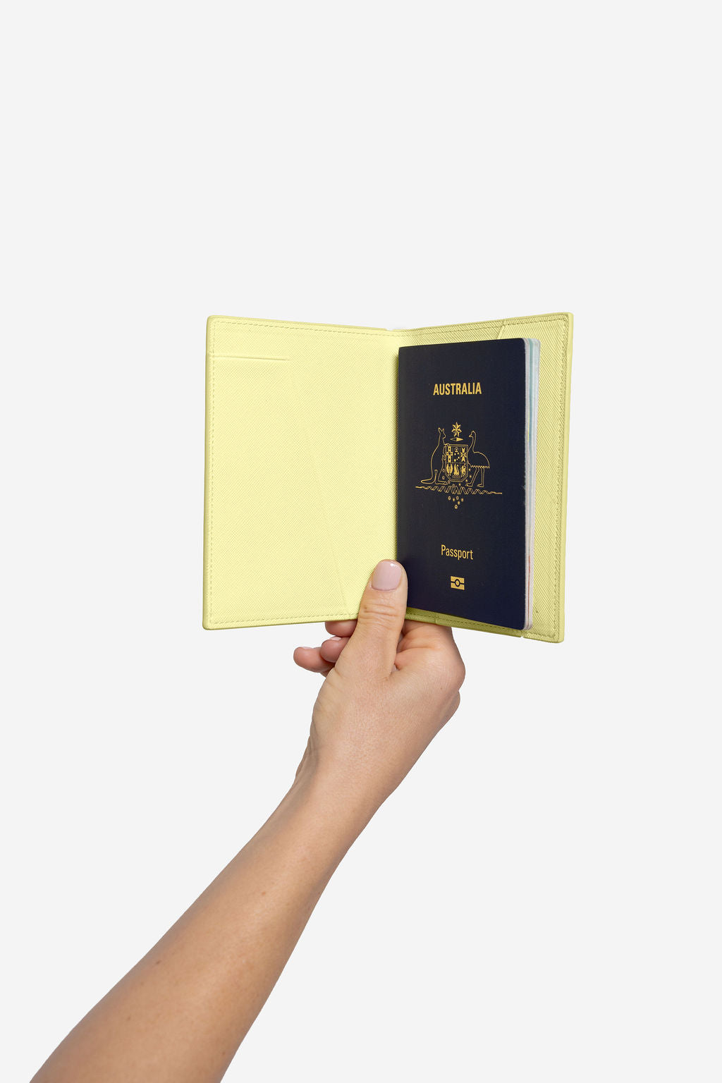Personalised passport holder and luggage tag set featuring an open passport cover with Australian passport displayed.