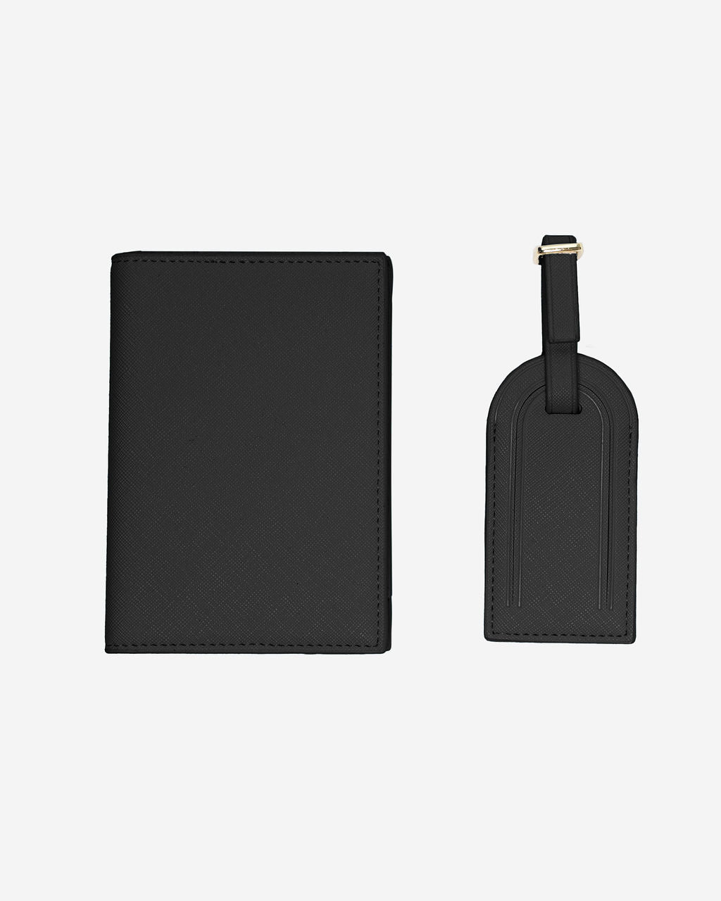 Set of matching black Saffiano leather travel accessories: a rectangular passport holder on the left and a luggage tag with a gold buckle on the right.