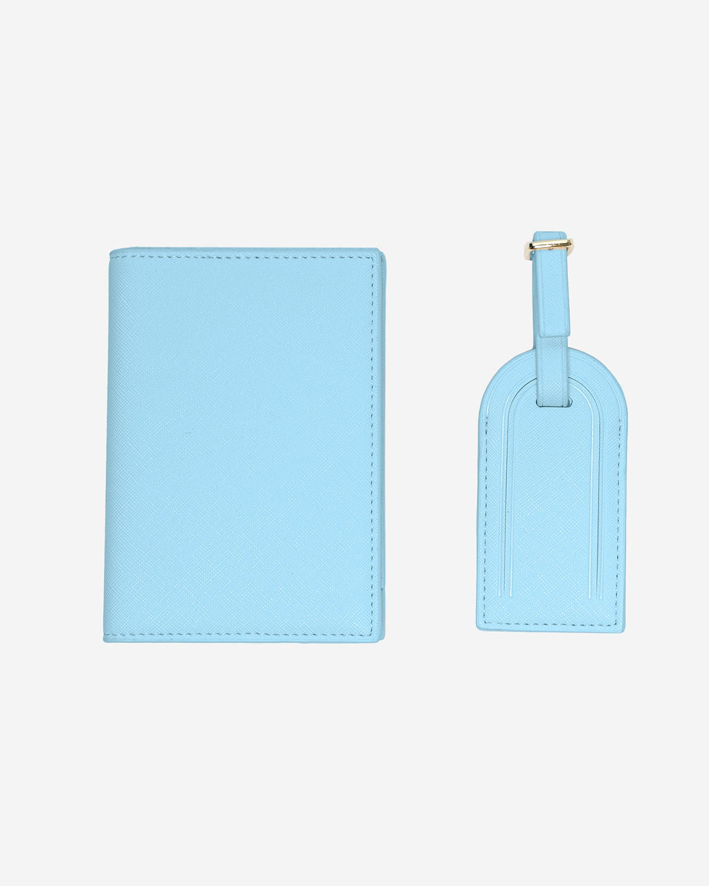 Matching light blue Saffiano leather passport holder and luggage tag set with a gold buckle on a white background.