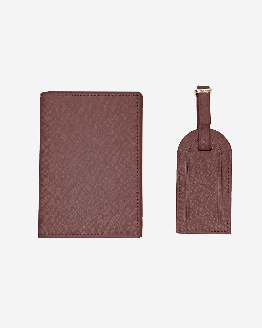 Matching brown Saffiano leather passport holder and luggage tag set with a gold buckle on a white background.