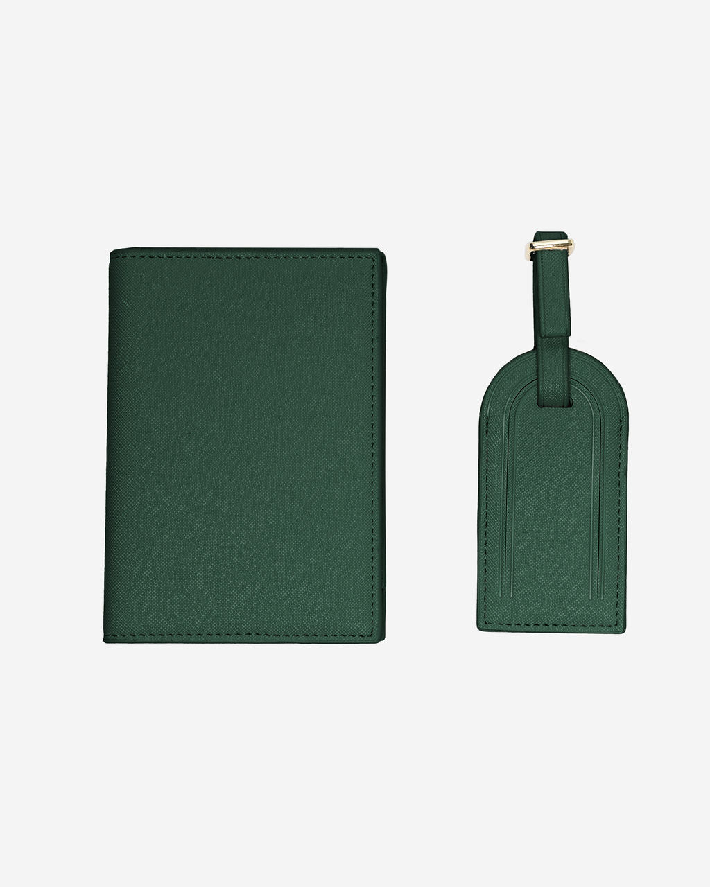 Set of matching green Saffiano leather travel accessories: a rectangular passport holder and a luggage tag.