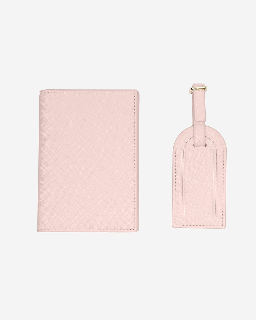 Matching light pink Saffiano leather passport holder (left) and luggage tag with gold buckle (right).