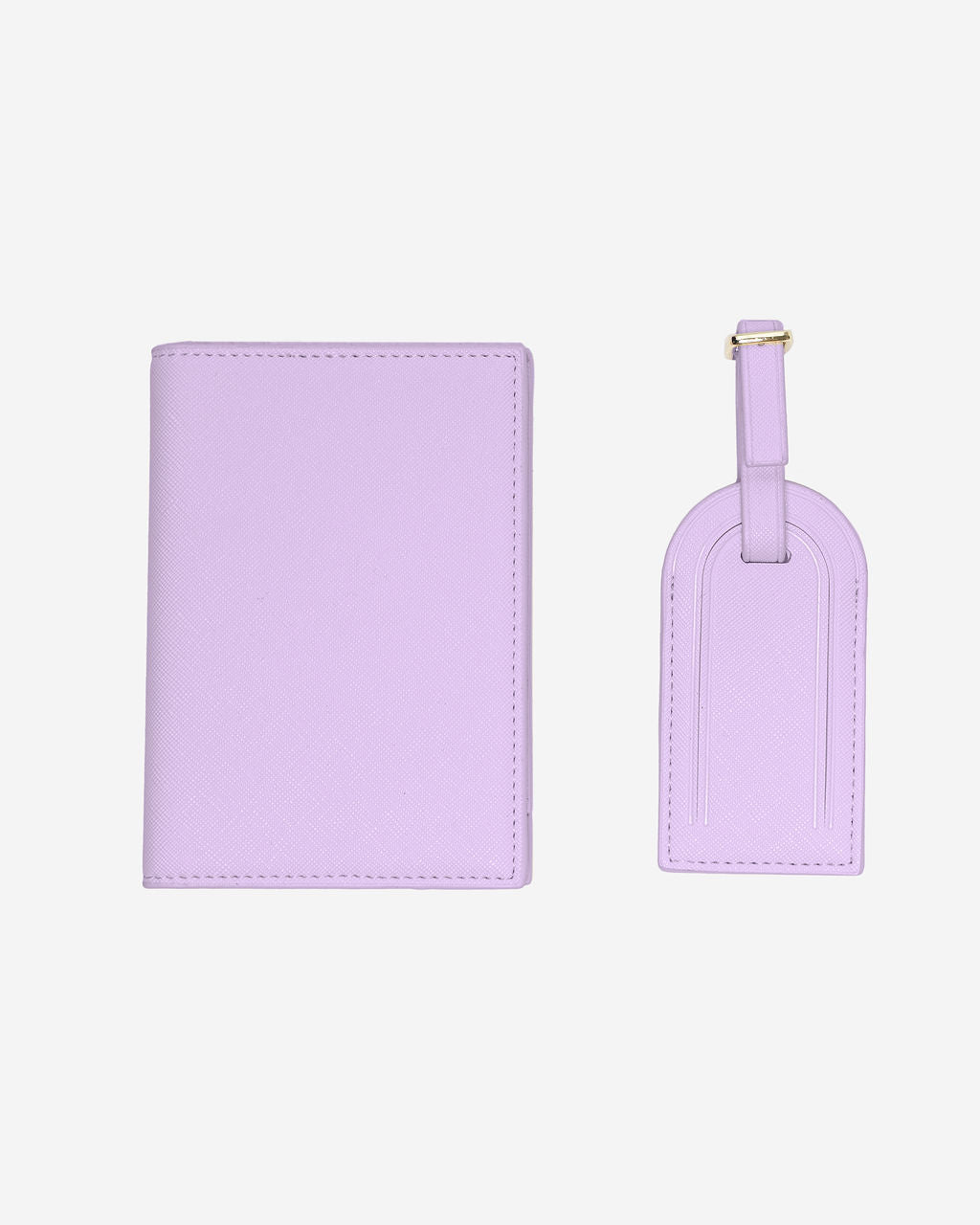 Matching purple Saffiano leather passport holder and luggage tag set with a gold buckle on a white background.