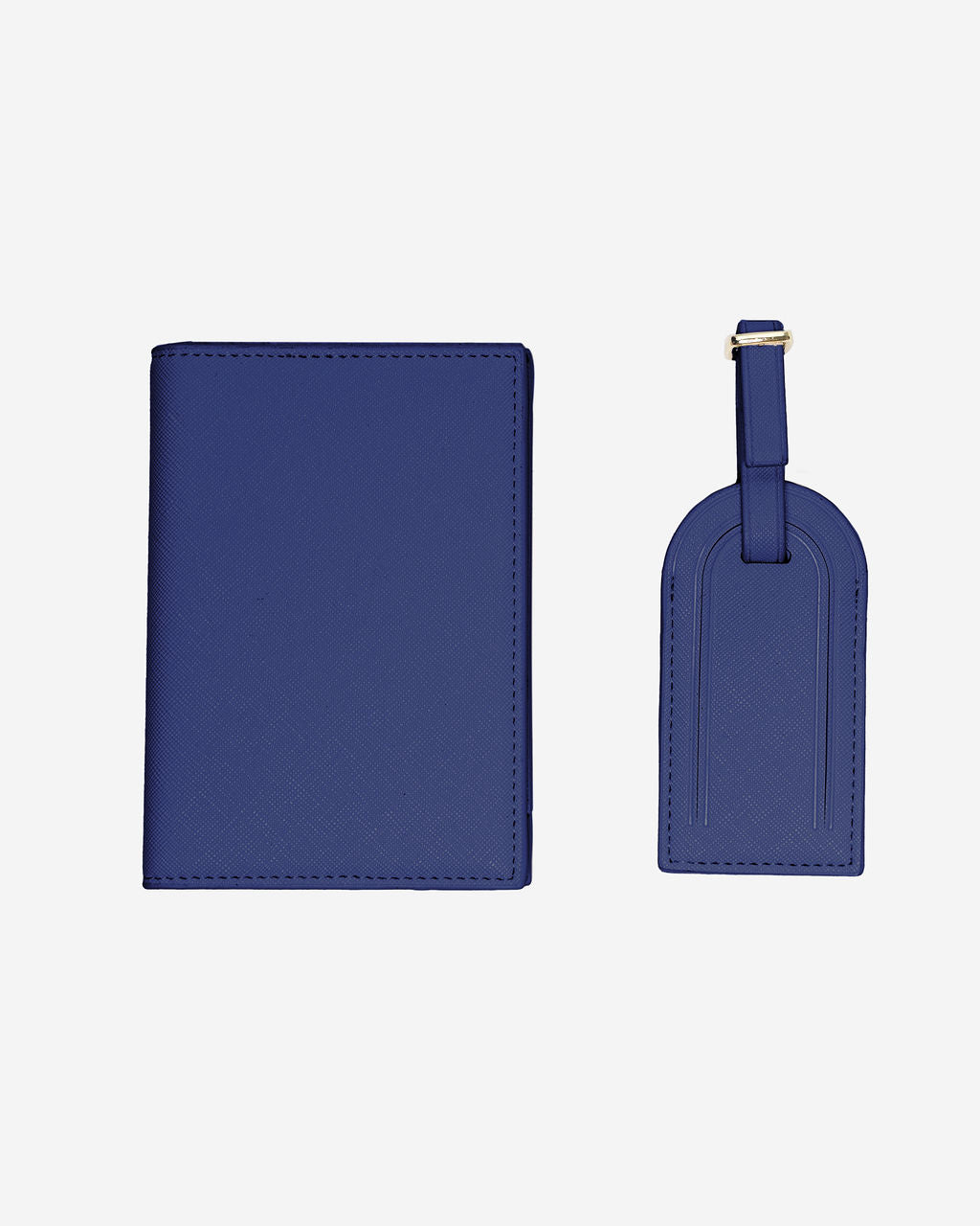 Matching blue Saffiano leather passport holder and luggage tag set with a gold buckle on a white background.