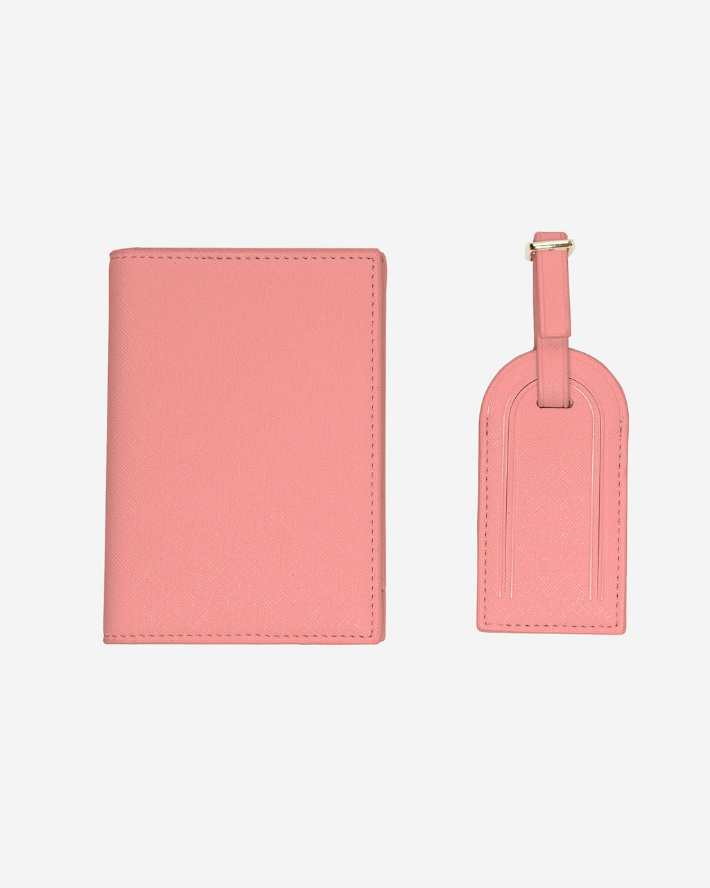 Matching light pink Saffiano leather passport holder and luggage tag set with a gold buckle on a white background.