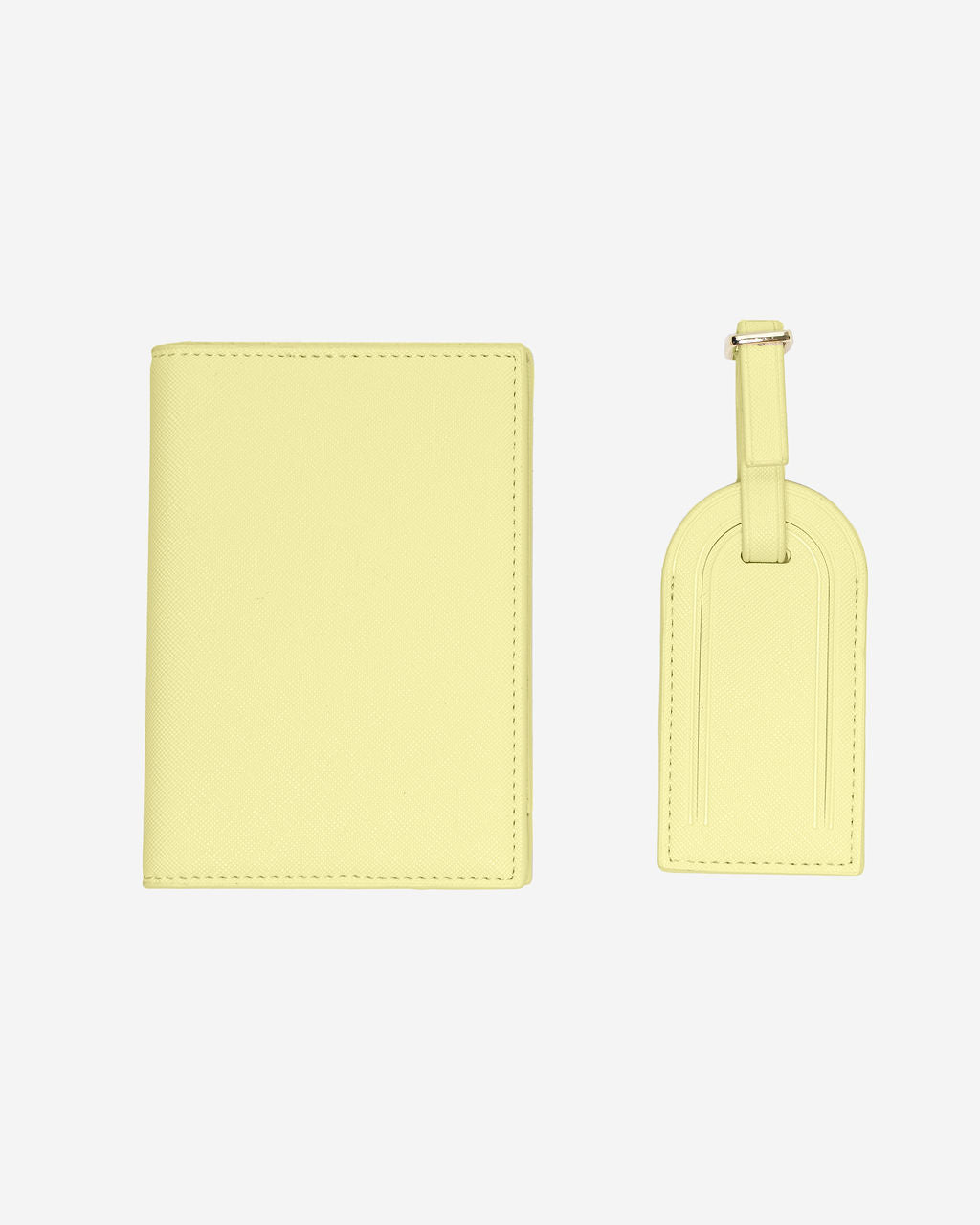 Personalised passport holder and luggage tag set in yellow leather, boxed gift ready for travel.