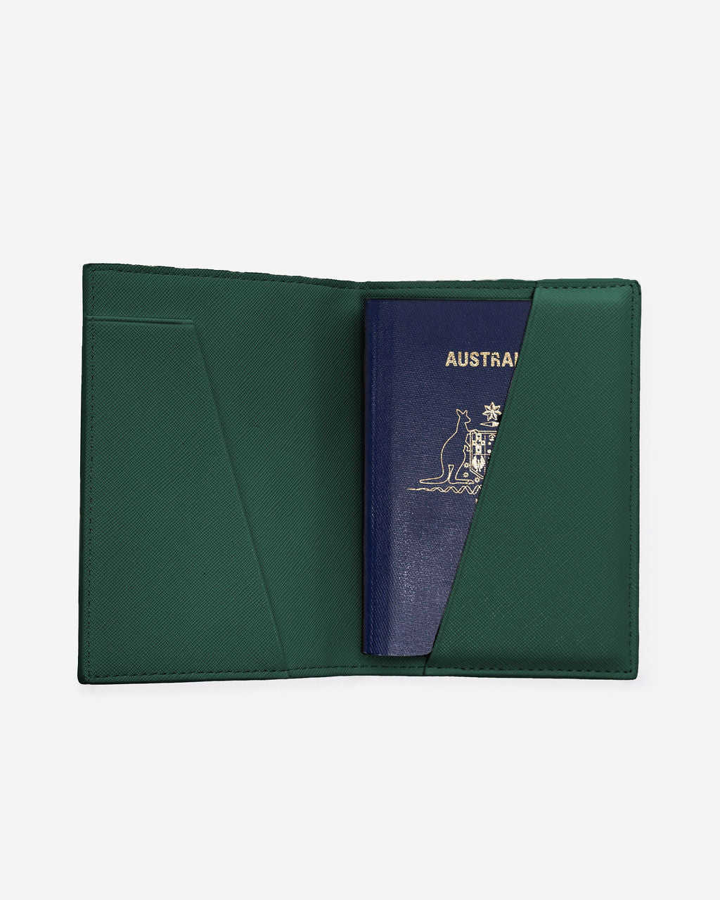 Open green Saffiano leather passport holder with an Australian passport partially inserted, showing kangaroo emblem.