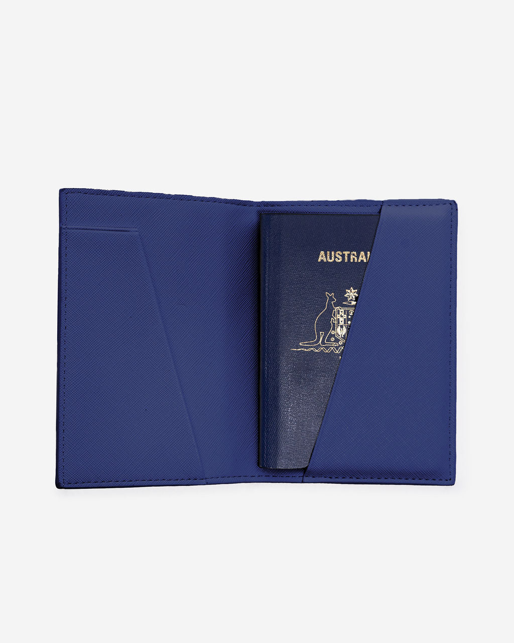 Open blue Saffiano leather passport holder displays an Australian passport partially inserted into the right-hand pocket.