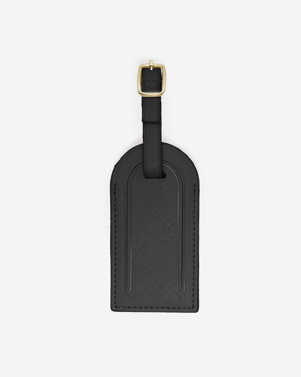 Single, closed black Saffiano leather luggage tag with a gold buckle and adjustable strap, centered on a white background.