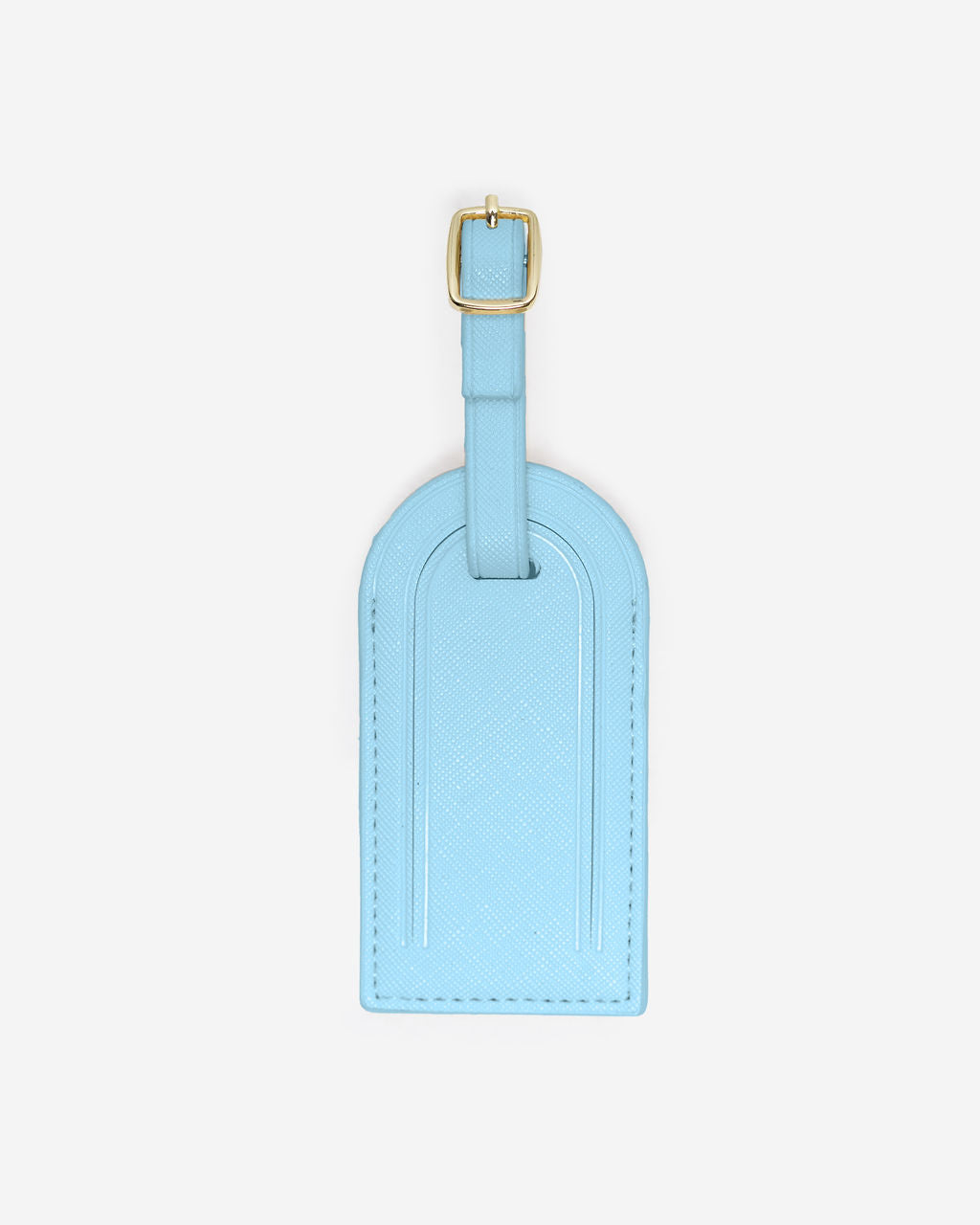 Single, light blue Saffiano leather luggage tag with a gold-toned buckle and an adjustable strap, centered on a white background.