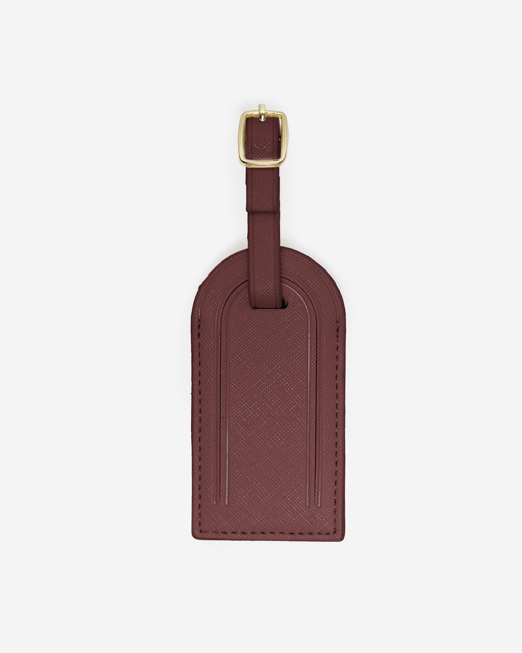 Single, brown Saffiano leather luggage tag with a gold-toned buckle and an adjustable strap, centered on a white background.