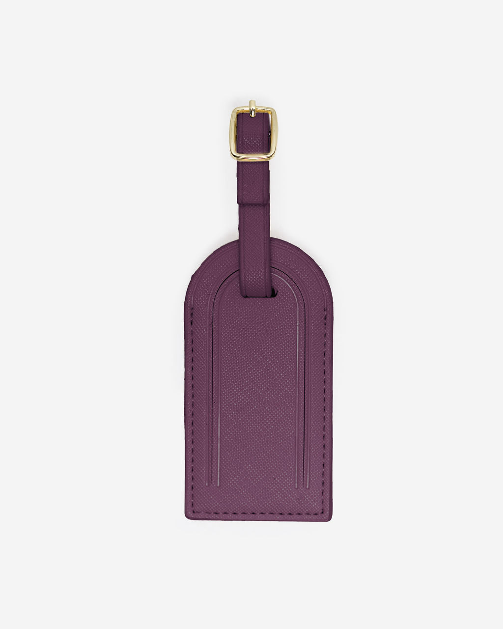 Single, burgundy Saffiano leather luggage tag with a gold buckle and adjustable strap on a white background.