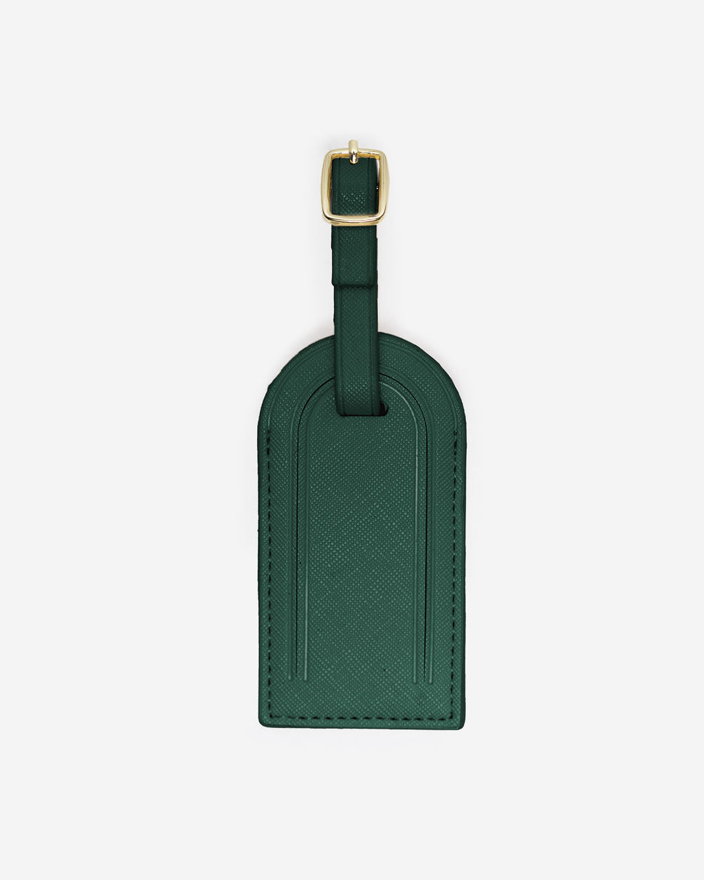Single, closed dark green Saffiano leather luggage tag with a gold-toned buckle and an adjustable strap on a white background.