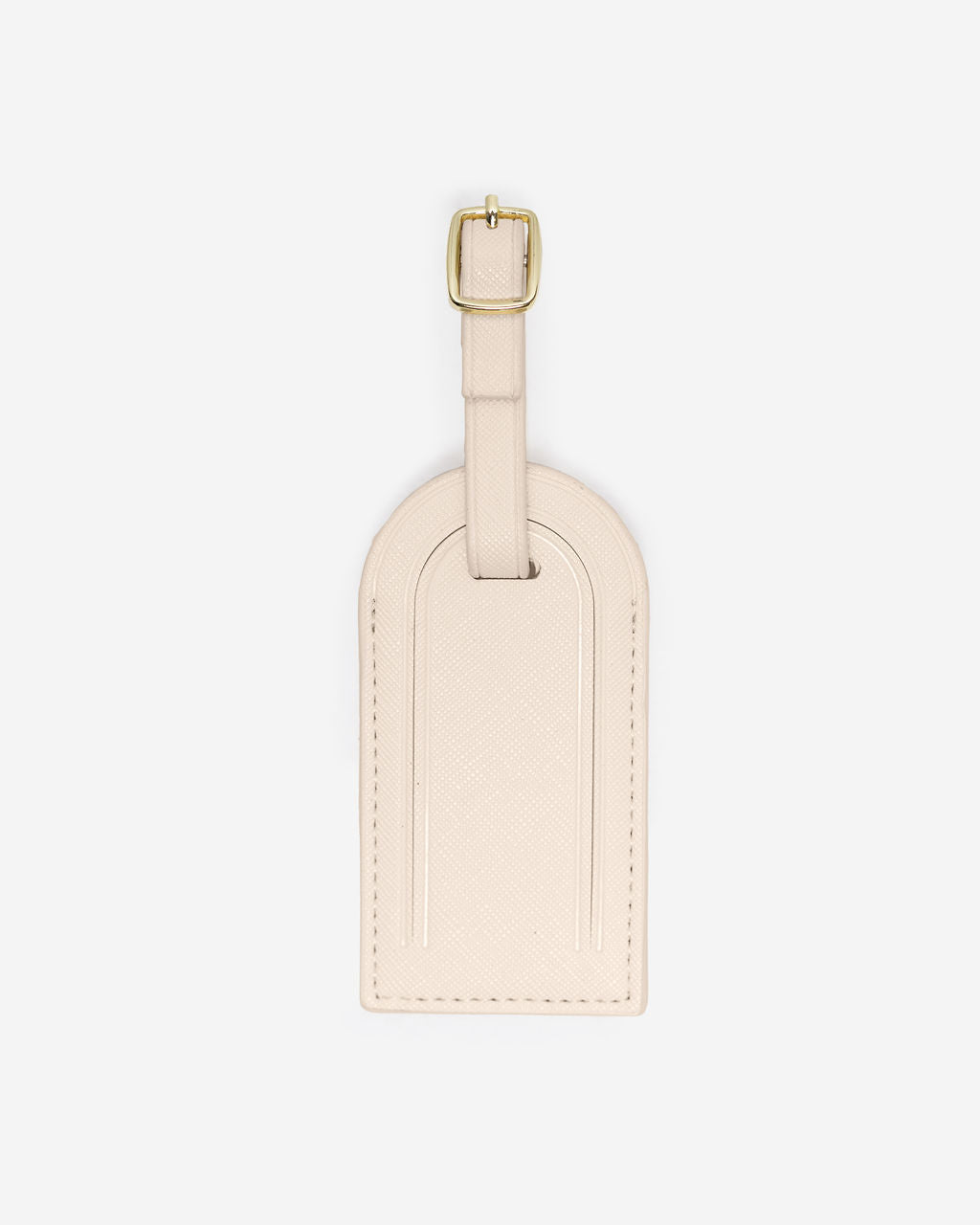 Single, closed cream Saffiano leather luggage tag with a gold buckle and adjustable strap, centered on a white background.