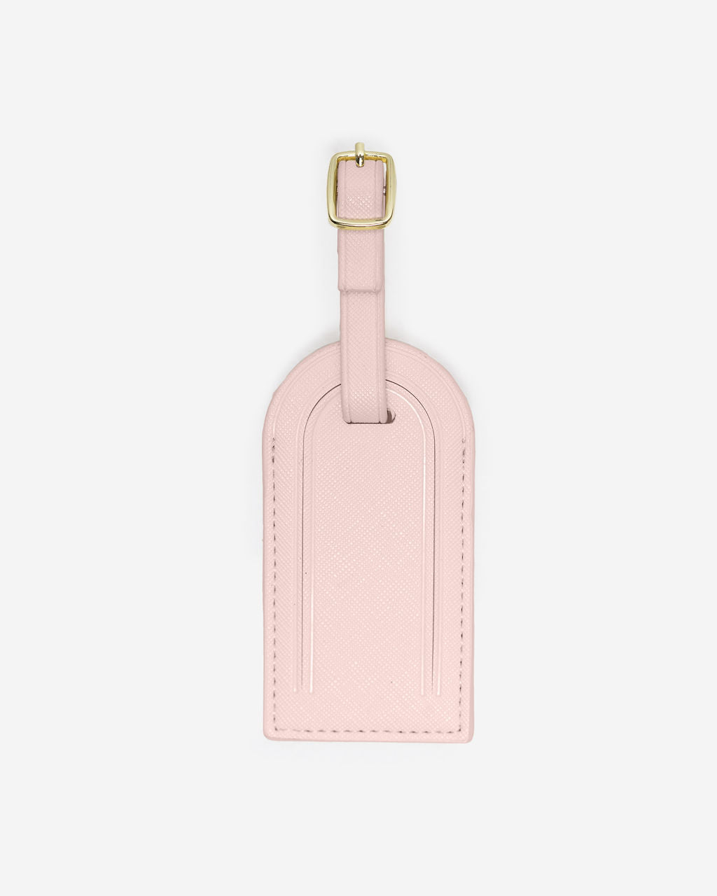 Single, closed light pink Saffiano leather luggage tag with a gold-toned buckle and an adjustable strap, against a white background.