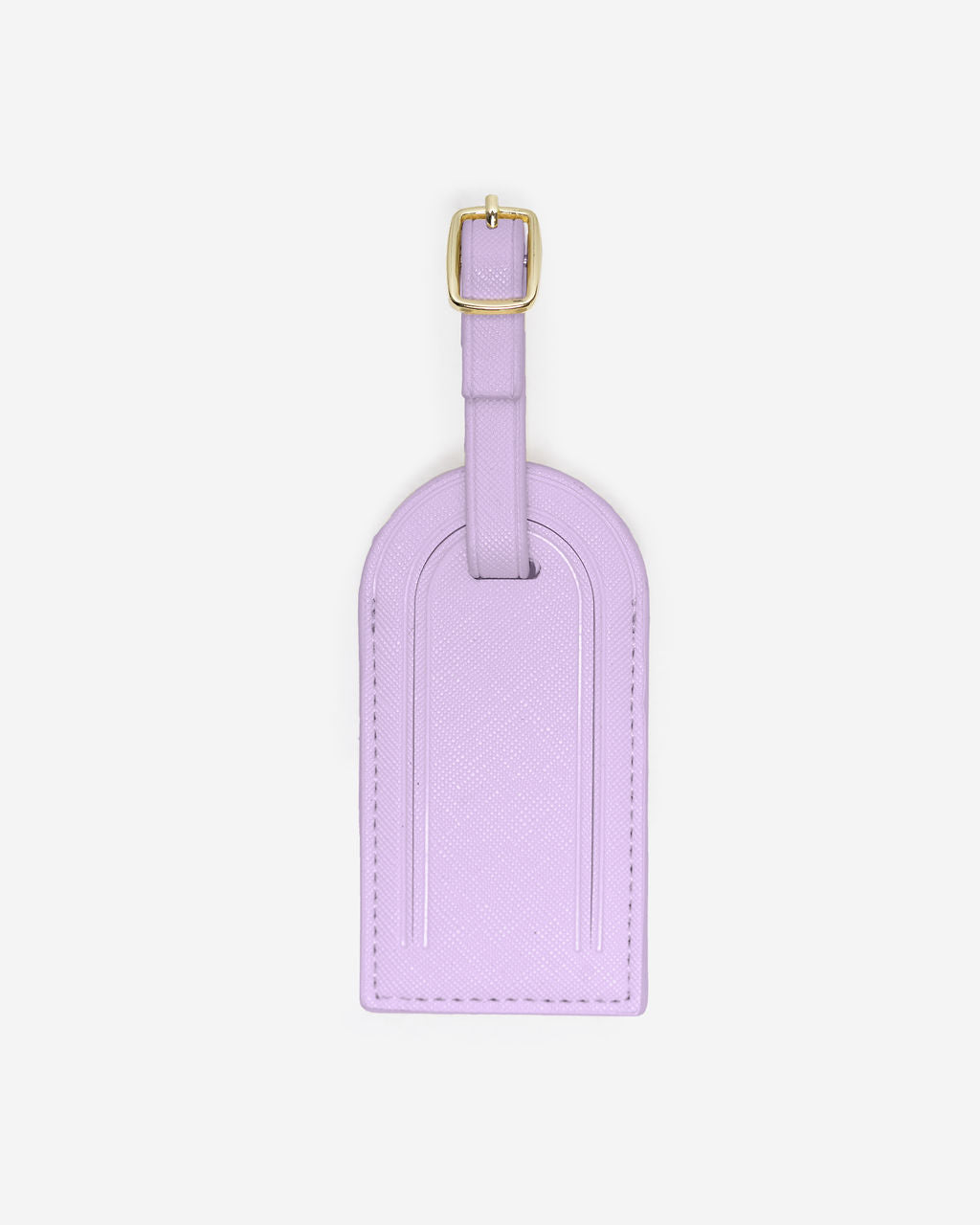 Single, purple Saffiano leather luggage tag with a gold-toned buckle and an adjustable strap, centered on a white background.