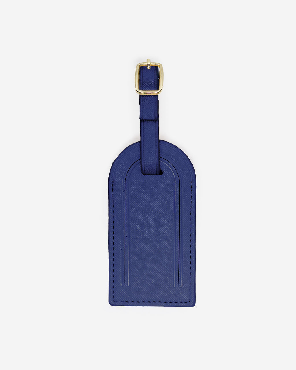 Single, blue Saffiano leather luggage tag with a gold-toned buckle and an adjustable strap, centered on a white background.