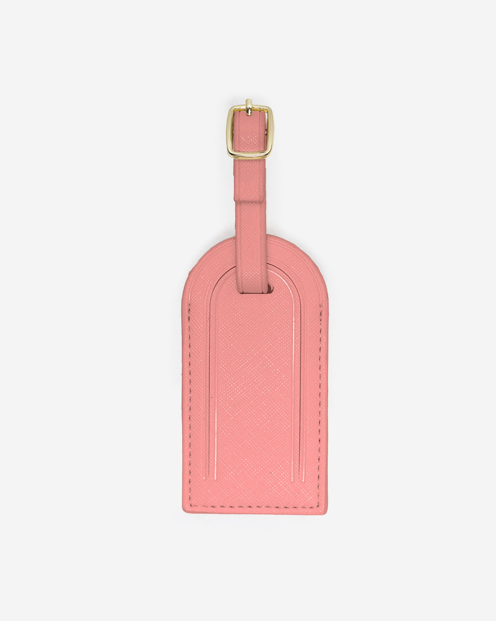 Single, light pink Saffiano leather luggage tag with a gold-toned buckle and an adjustable strap, centered on a white background.