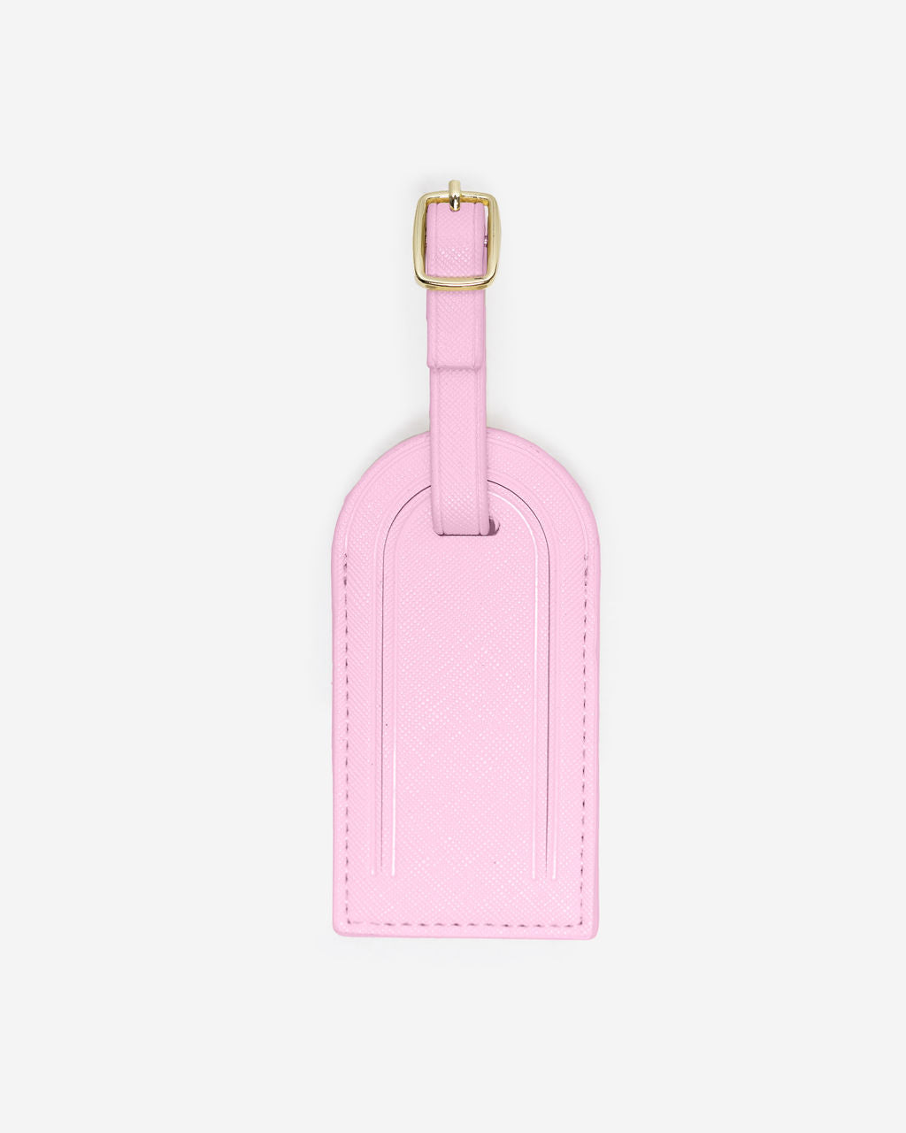 light pink Saffiano leather luggage tag with a gold-toned buckle and adjustable strap on a white background.