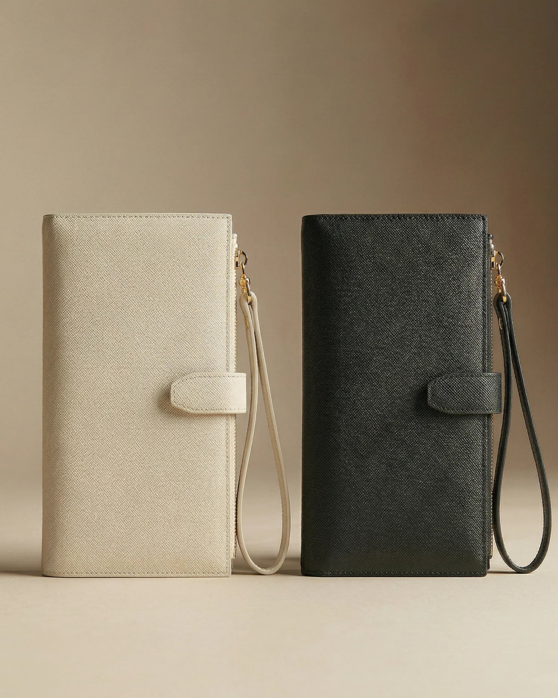 Personalised Family travel wallet in beige and black, perfect for organizing travel essentials.