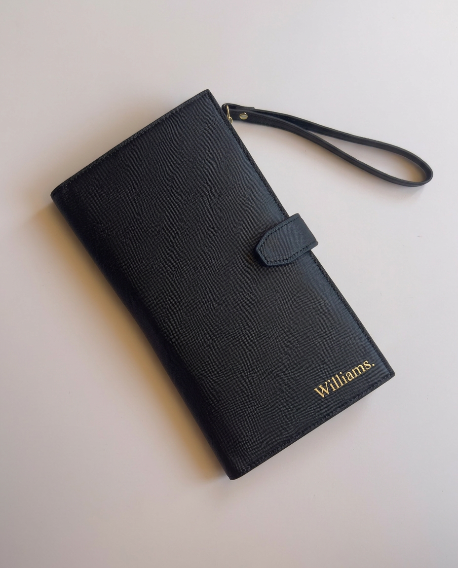 Personalised Family travel wallet in black leather with wrist strap and gold name embroidery