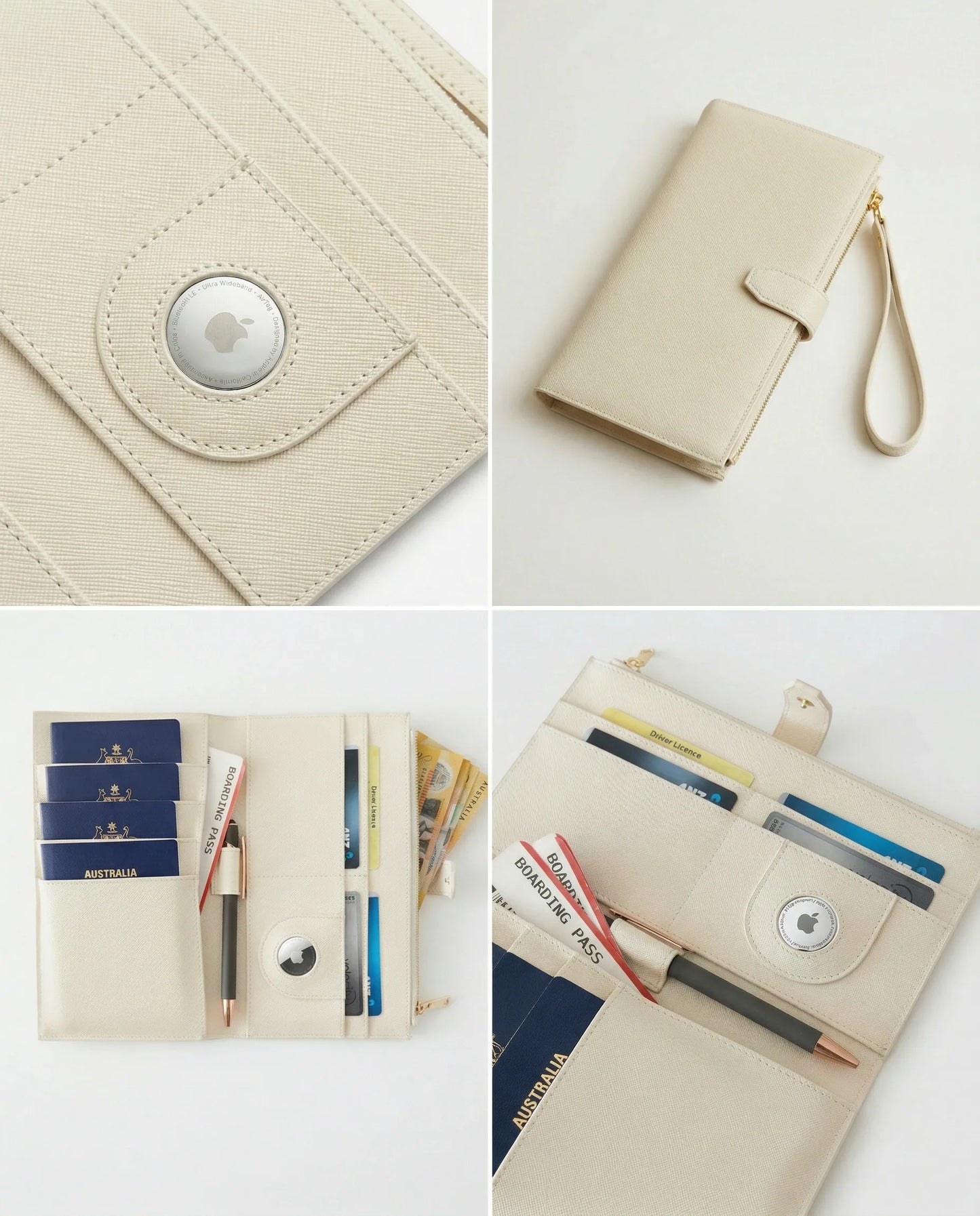 Personalised Family travel wallet in cream color, featuring passport holders and a pen slot for organized travel.