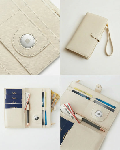 Personalised Family travel wallet in cream color, featuring passport holders and a pen slot for organized travel.