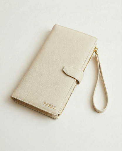 Personalised Family travel wallet in beige with clasp and wrist strap, featuring embossed name detail.