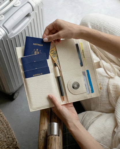 Personalised Family travel wallet open showing passports, pen, and travel essentials for organized family travel.