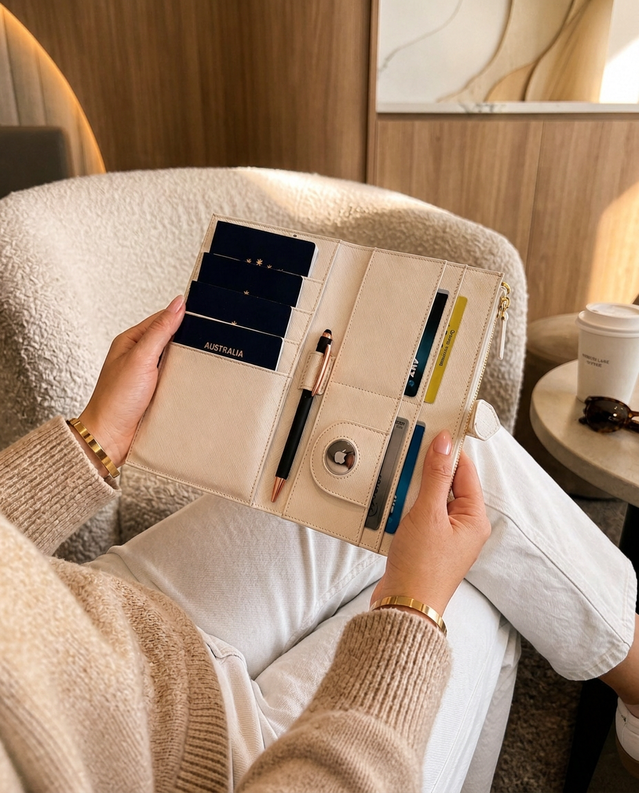 Person holding a beige travel wallet with various items in a cozy indoor setting.